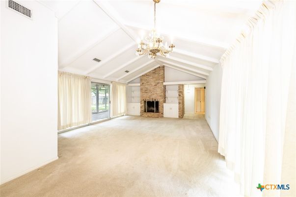 Chandelier, Empty room, Fireplace, Interior, Stone Walls