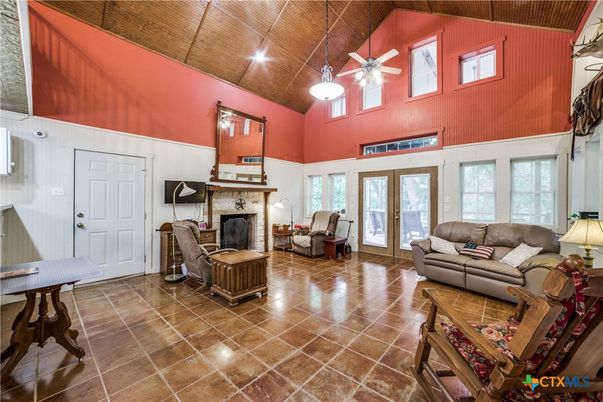 Fireplace, Interior, Living room, Pendant Lights, Wooden Ceilings