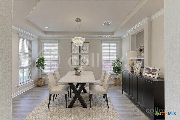 Chandelier, Dining room, Interior, Recessed Lighting, Wood Texture Flooring