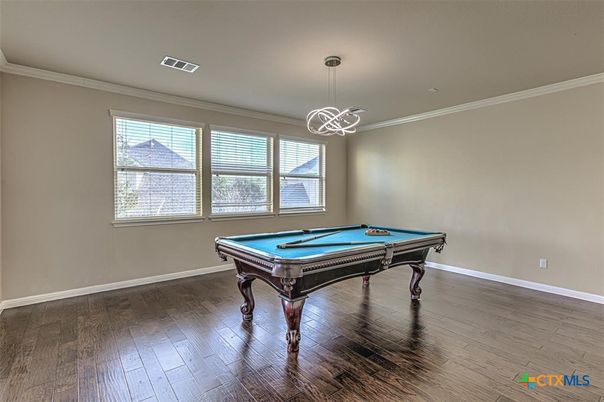 Billiard Table, Game Room, Interior, Pendant Lights, Wood Texture Flooring