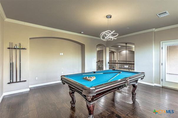 Billiard Table, Game Room, Interior, Pendant Lights, Wood Texture Flooring