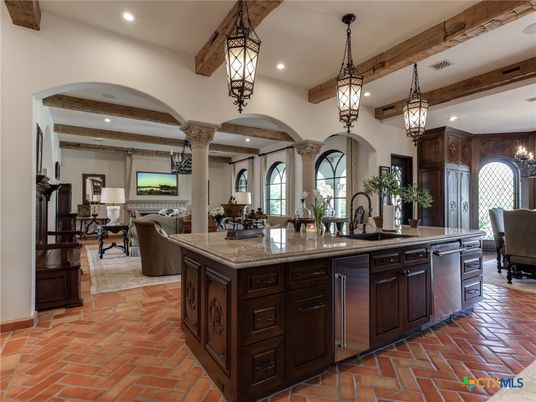 Chandelier, Interior, Kitchen, Pendant Lights, Recessed Lighting, Stainless Steel Appliances, Wooden Beams