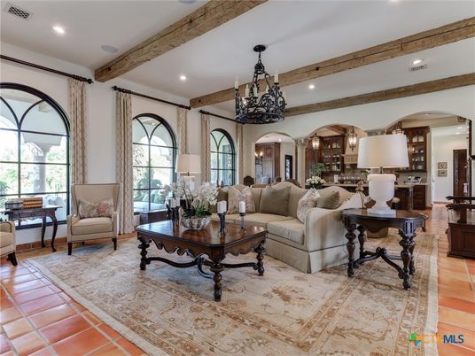Chandelier, Interior, Living room, Recessed Lighting, Wooden Beams