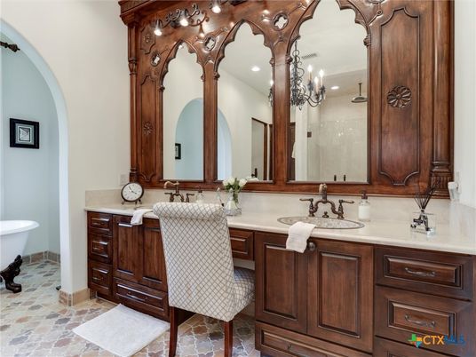 Bathroom, Chandelier, Dual Sink Vanities, Free Standing Baths, Interior, Recessed Lighting