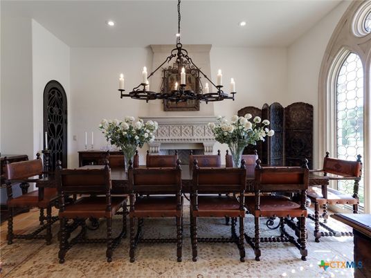 Chandelier, Dining room, Fireplace, Interior, Recessed Lighting