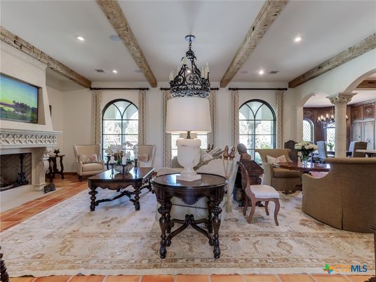 Chandelier, Fireplace, Interior, Living room, Recessed Lighting, Wooden Beams
