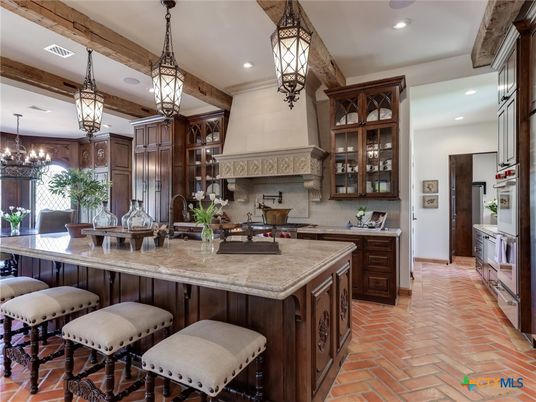 Chandelier, Interior, Kitchen, Pendant Lights, Recessed Lighting, Stainless Steel Appliances, Wooden Beams
