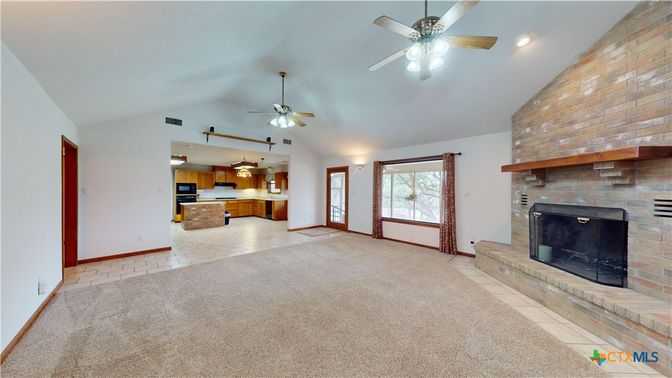 Empty room, Fireplace, Interior, Kitchen, Recessed Lighting, Stone Walls