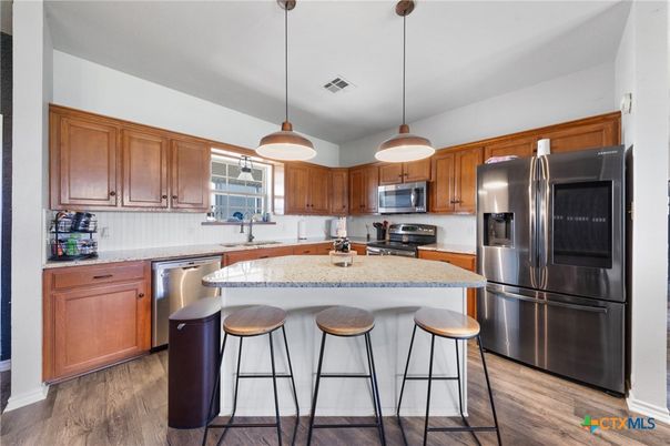 Interior, Kitchen, Pendant Lights, Stainless Steel Appliances, Wood Texture Flooring
