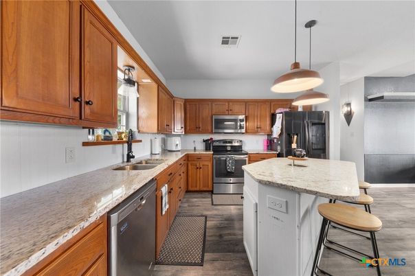 Interior, Kitchen, Pendant Lights, Stainless Steel Appliances, Wood Texture Flooring