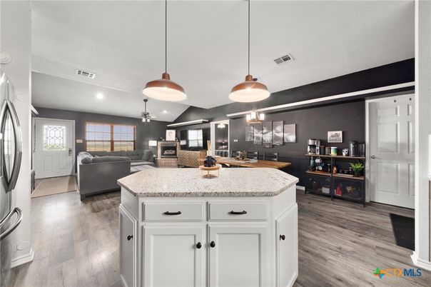 Interior, Kitchen, Living room, Pendant Lights, Recessed Lighting, Wood Texture Flooring