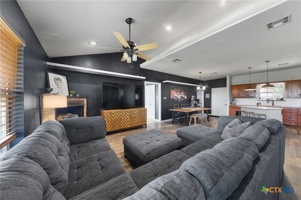 Dining room, Interior, Kitchen, Living room, Pendant Lights, Recessed Lighting, Wood Texture Flooring