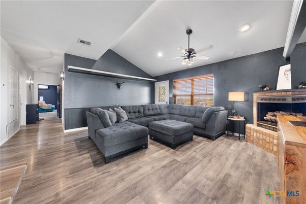 Fireplace, Interior, Living room, Recessed Lighting, Wood Texture Flooring