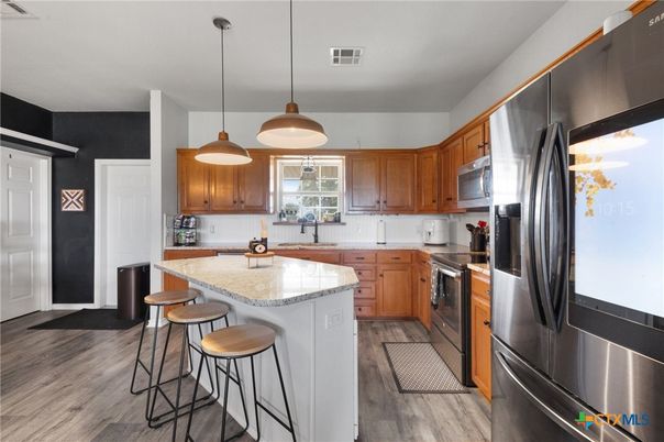 Interior, Kitchen, Pendant Lights, Stainless Steel Appliances, Wood Texture Flooring