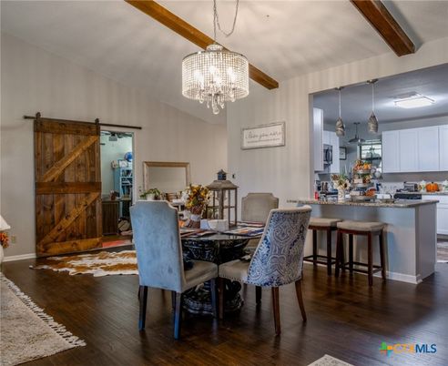 Chandelier, Dining room, Interior, Kitchen, Wooden Beams, Wood Texture Flooring