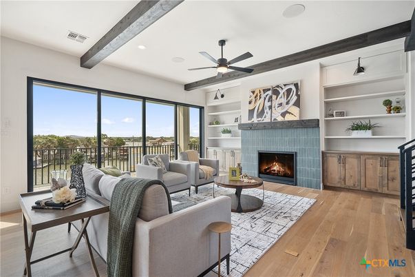 Fireplace, Interior, Living room, Recessed Lighting, Wooden Beams, Wood Texture Flooring