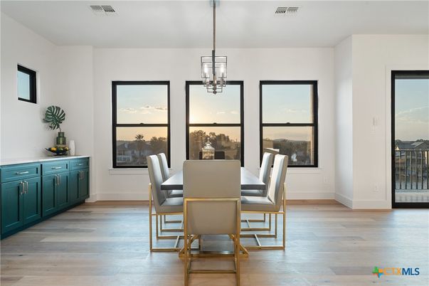 Dining room, Interior, Pendant Lights, Wood Texture Flooring