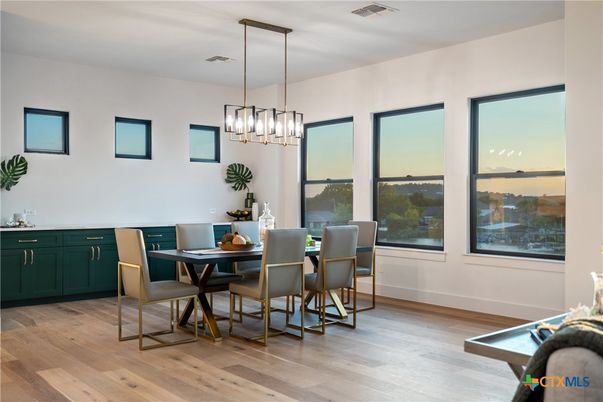 Dining room, Interior, Pendant Lights, Wood Texture Flooring
