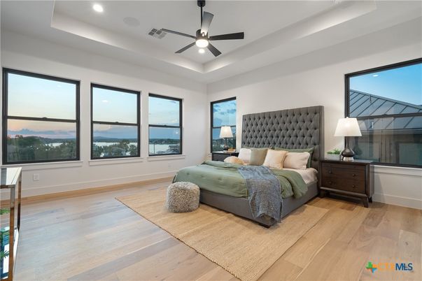 Bedroom, Interior, Recessed Lighting, Water, Wood Texture Flooring