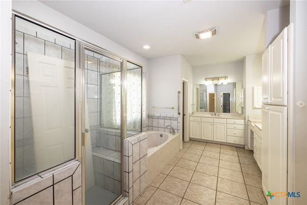Bathroom, Dual Sink Vanities, Glass Shower, Interior, Recessed Lighting