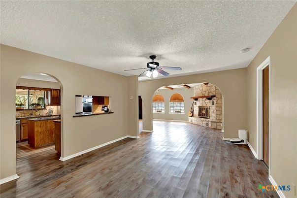 Empty room, Fireplace, Interior, Kitchen, Wood Texture Flooring
