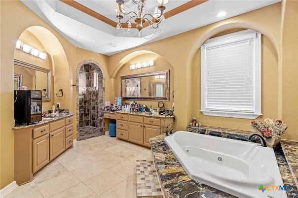 Bathroom, Chandelier, Dual Sink Vanities, Interior, Recessed Lighting