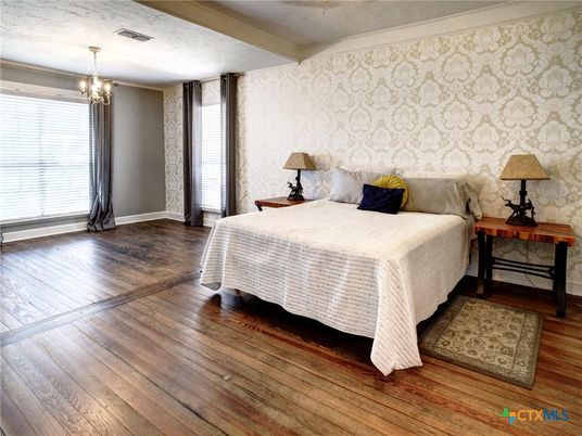 Bedroom, Chandelier, Interior, Wood Texture Flooring