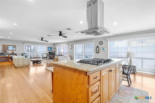Dining room, Interior, Kitchen, Living room, Recessed Lighting, Wood Texture Flooring