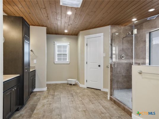 Bathroom, Glass Shower, Interior, Recessed Lighting, Wooden Ceilings, Wood Texture Flooring