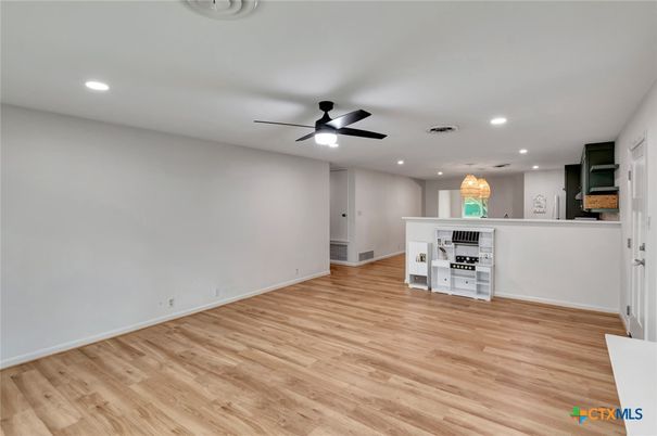 Empty room, Interior, Kitchen, Pendant Lights, Recessed Lighting, Wood Texture Flooring