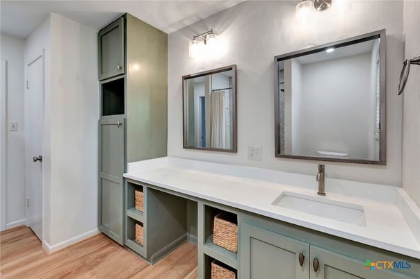 Bathroom, Dual Sink Vanities, Interior, Wood Texture Flooring
