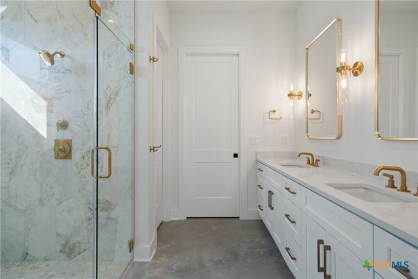 Bathroom, Dual Sink Vanities, Glass Shower, Interior, Marble Walls