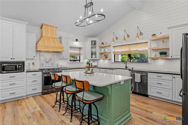 Interior, Kitchen, Pendant Lights, Stainless Steel Appliances, Wood Texture Flooring
