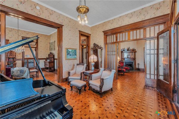 Fireplace, Interior, Living room, Pendant Lights, Piano, Wood Texture Flooring