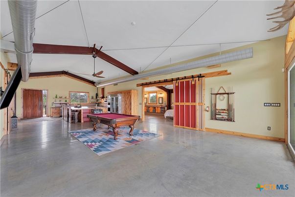 Billiard Table, Game Room, Interior, Pendant Lights, Wooden Beams