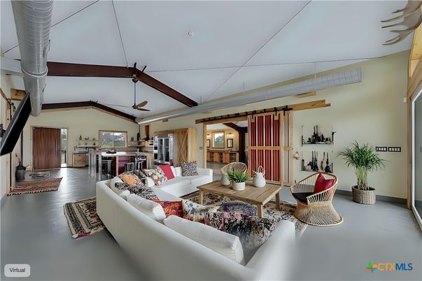 Dining room, Interior, Living room, Pendant Lights, Recessed Lighting, Wooden Beams, Wood Texture Flooring