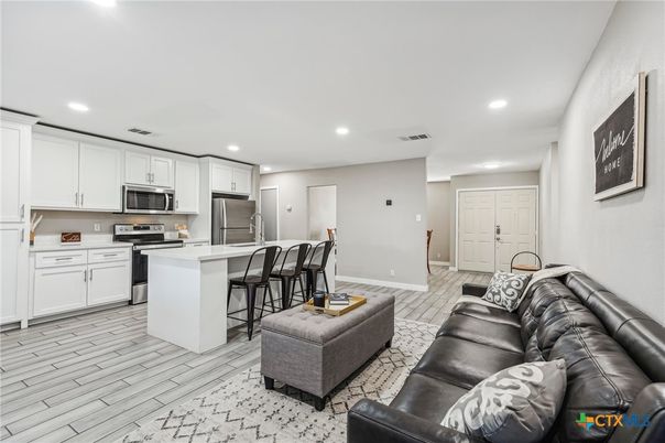 Interior, Kitchen, Living room, Recessed Lighting, Stainless Steel Appliances, Wood Texture Flooring