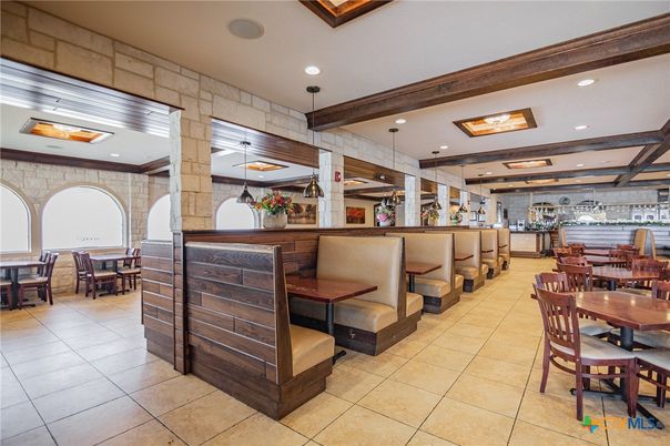 Dining room, Interior, Recessed Lighting, Stone Walls, Wooden Beams
