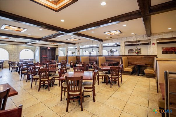 Dining room, Interior, Recessed Lighting, Stone Walls, Wooden Beams