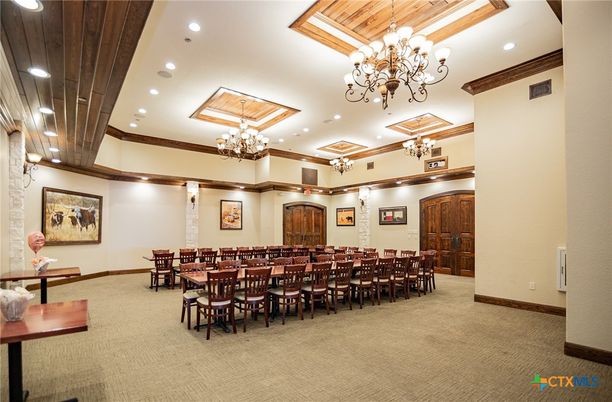 Chandelier, Dining room, Interior, Recessed Lighting, Wooden Beams, Wooden Ceilings