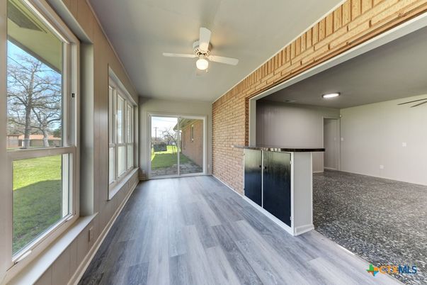 Empty room, Interior, Recessed Lighting, Stone Walls, Wood Texture Flooring