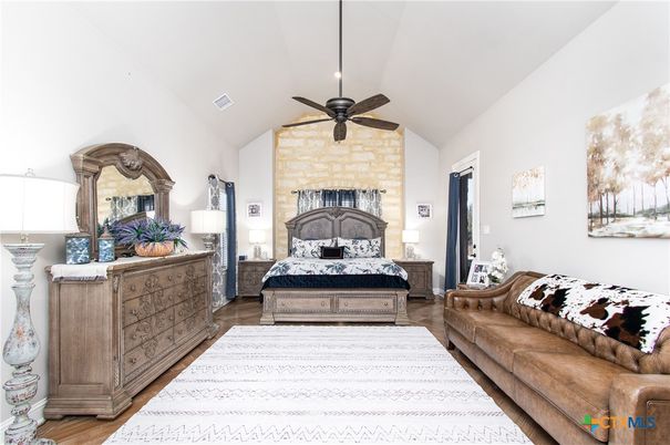 Bedroom, Fireplace, Interior, Stone Walls, Wood Texture Flooring