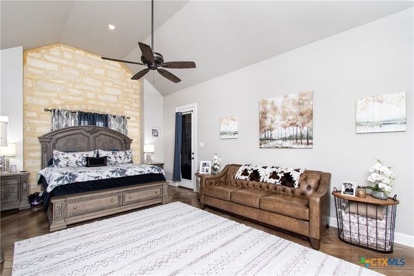 Bedroom, Interior, Recessed Lighting, Stone Walls, Wood Texture Flooring