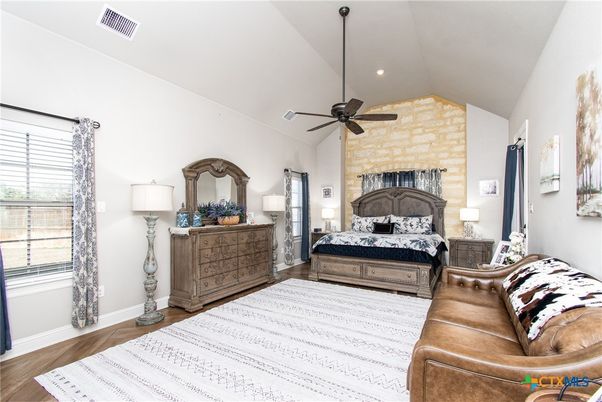 Bedroom, Interior, Recessed Lighting, Stone Walls, Wood Texture Flooring