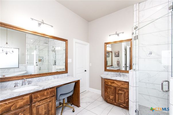 Bathroom, Dual Sink Vanities, Glass Shower, Interior, Marble, Marble Walls