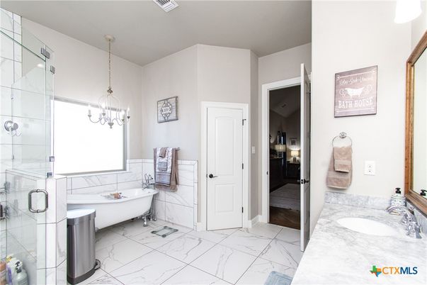 Bathroom, Dual Sink Vanities, Free Standing Baths, Glass Shower, Interior, Marble, Pendant Lights