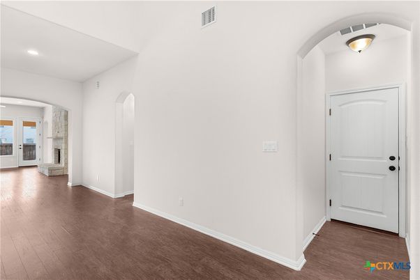 Empty room, Fireplace, Interior, Recessed Lighting, Wood Texture Flooring