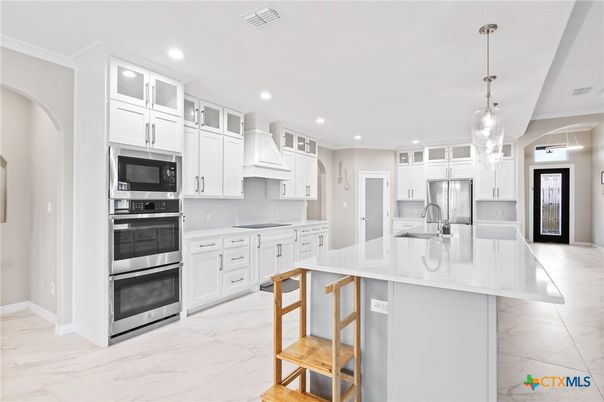 Interior, Kitchen, Marble, Pendant Lights, Recessed Lighting, Stainless Steel Appliances