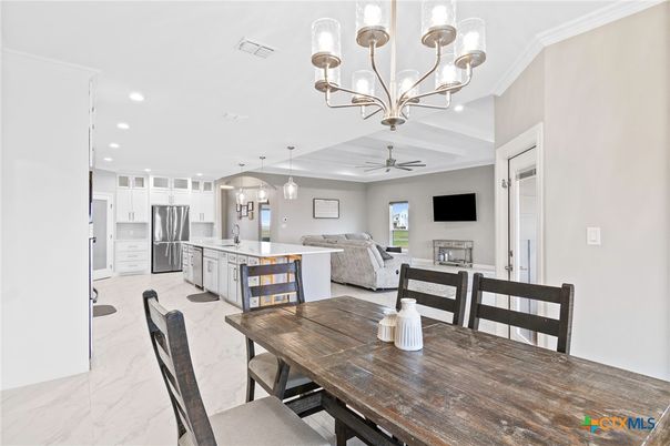 Dining room, Interior, Kitchen, Living room, Marble, Pendant Lights, Recessed Lighting, Stainless Steel Appliances