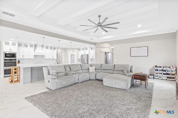 Interior, Kitchen, Living room, Marble, Pendant Lights, Recessed Lighting, Stainless Steel Appliances